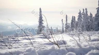 令人惊叹的冬季景观，高刺和雪山。 慢动作。 3840x2160